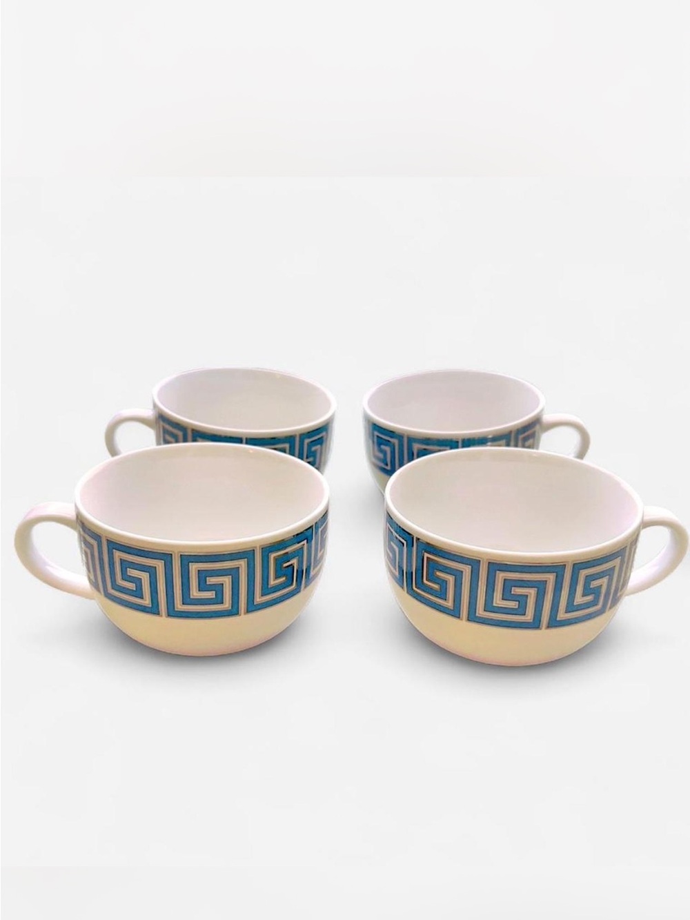 Blue Greek Key Ceramic Tea Cups - Set of 4